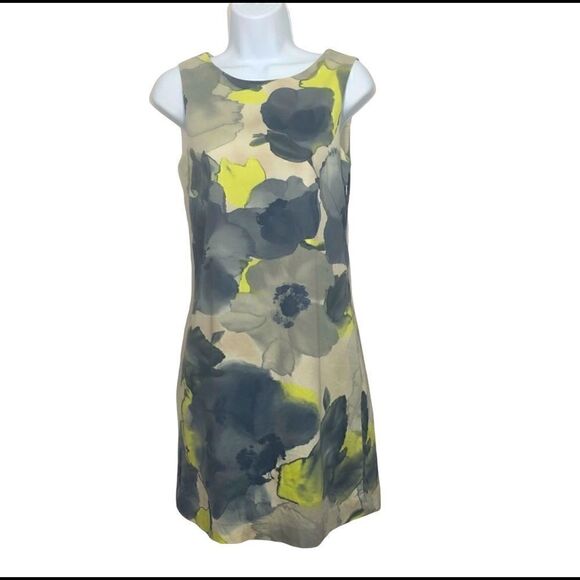 THEORY Floral Watercolor Print Sleeveless Sheath Yellow Gray Sheath Dress Small - Picture 1 of 7